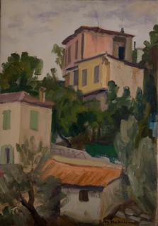 Mytilene, Pink House with Trees — Oil painting, Canvas, 35.00×50.00cm — Theodoros Markellos